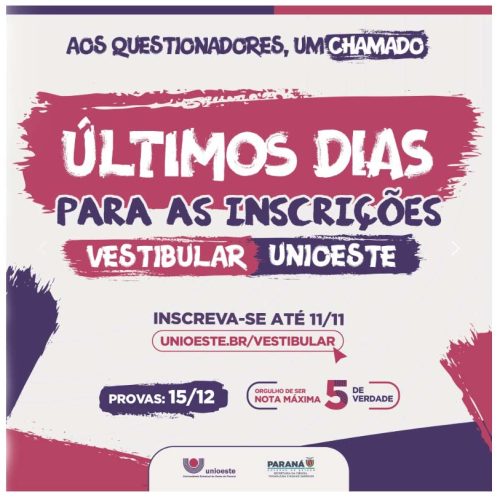 PARANÁ: Inscrições para o Vestibular Unioeste 2025 encerram no próximo dia 11 de novembro